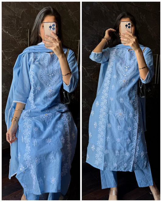 Mul Cotton Chikankari Fit – Powder Blue